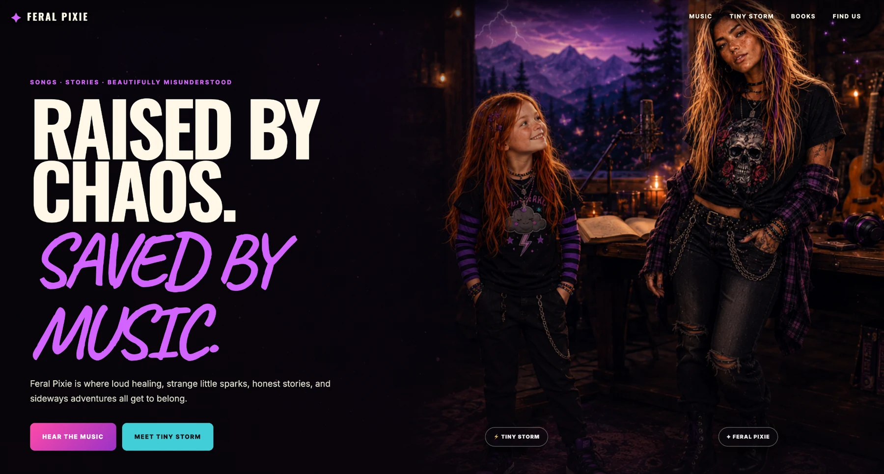 Real screenshot of the Feral Pixie HQ website homepage
